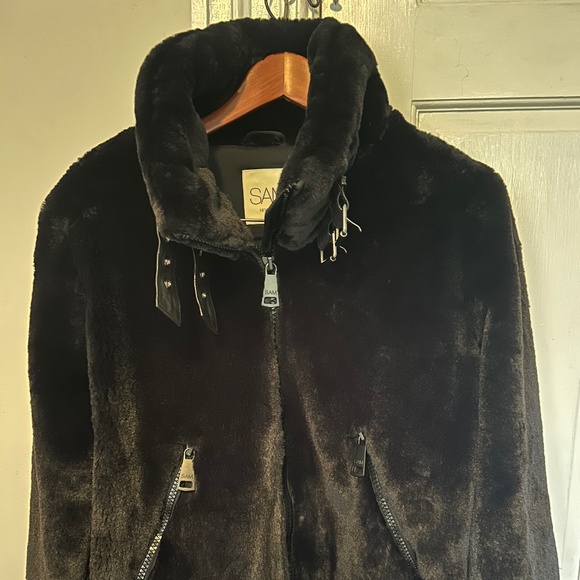 SAM Denver Black Faux Fur Moto Bomber Jacket women's large - Picture 6 of 8